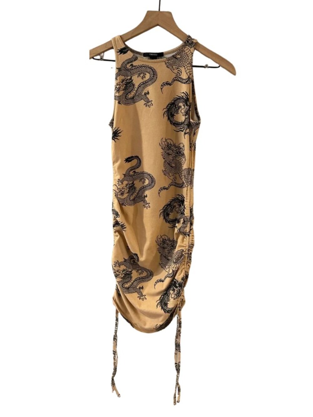 Forever 21 Cotton Jersey Beige Dragon Print Bodycon Dress
